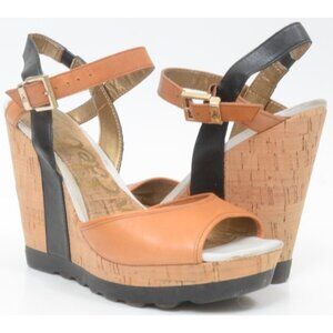 SAM EDELMAN Karina Sandal Slingback Cork Wedge Black Brown Leather 5" Heel 7.5